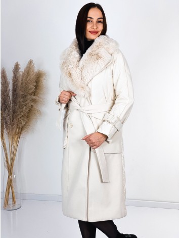 Dámsky béžový kombinovaný kabát/bunda s kožušinou a opakom