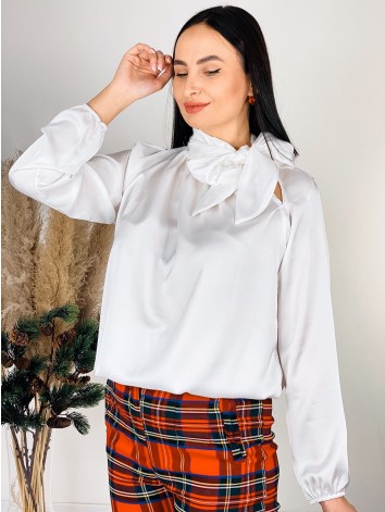 Dámska saténová biela blúzka s mašľou