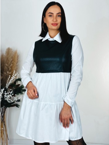 Dámske košeľové šaty s koženkou - čierne