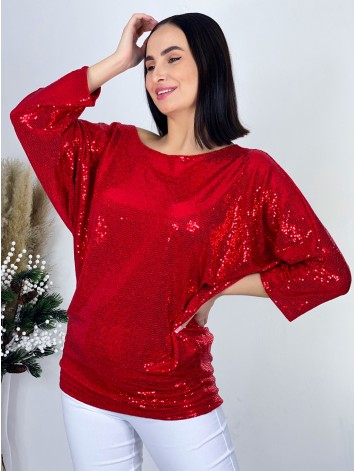 Dámsky flitrovaný elegantný oversize TOP - červený