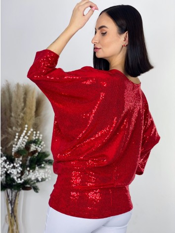 Dámsky flitrovaný elegantný oversize TOP - červený