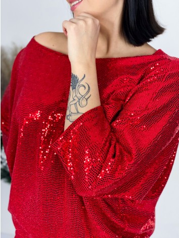 Dámsky flitrovaný elegantný oversize TOP - červený