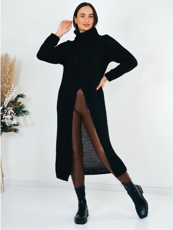 Dámsky predĺžený rolákový sveter s rozparkom - čierny