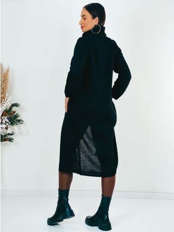 Dámsky predĺžený rolákový sveter s rozparkom - čierny