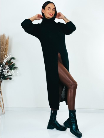 Dámsky predĺžený rolákový sveter s rozparkom - čierny