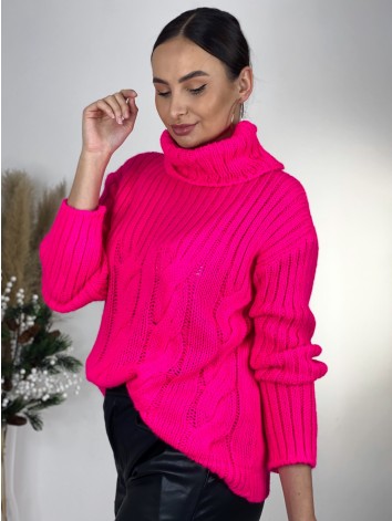 Dámsky oversize pletený rolák - neónovo ružový