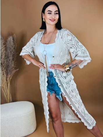 Dámsky háčkovaný dlhý prehoz - kimono na gombíky - béžový