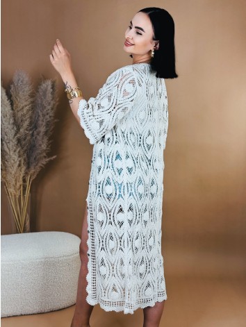 Dámsky háčkovaný dlhý prehoz - kimono na gombíky - béžový
