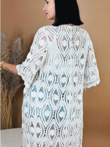Dámsky háčkovaný dlhý prehoz - kimono na gombíky - béžový