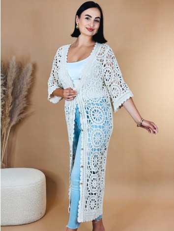 Dámsky háčkovaný dlhý prehoz - kimono na gombíky - béžové Irina