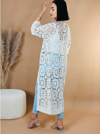 Dámsky háčkovaný dlhý prehoz - kimono na gombíky - béžové Irina