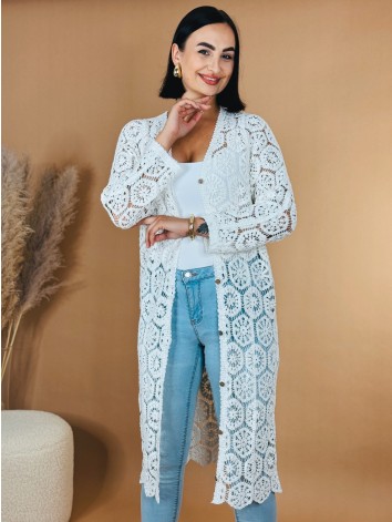 Dámsky háčkovaný dlhý prehoz - kimono na gombíky - biele