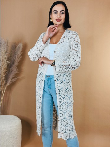 Dámsky háčkovaný dlhý prehoz - kimono na gombíky - béžové