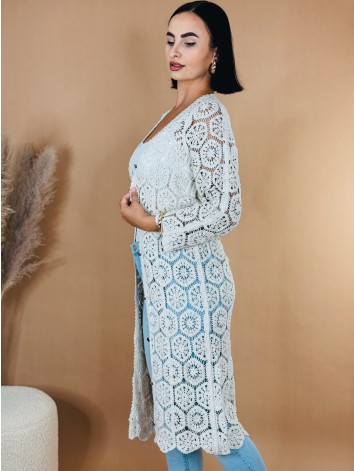 Dámsky háčkovaný dlhý prehoz - kimono na gombíky - béžové