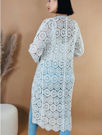 Dámsky háčkovaný dlhý prehoz - kimono na gombíky - béžové