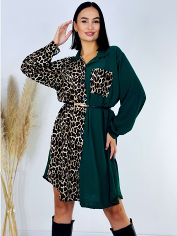 Dámske zelené košeľové šaty s leopardím vzorom