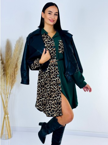 Dámske zelené košeľové šaty s leopardím vzorom