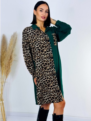 Dámske zelené košeľové šaty s leopardím vzorom