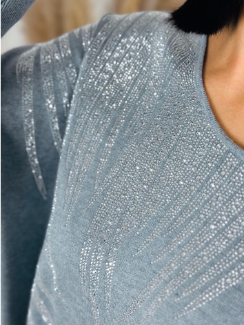 Dámsky sivý oversize sveter s kamienkami