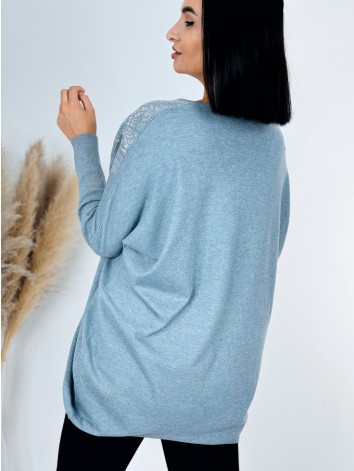 Dámsky sivý oversize sveter s kamienkami