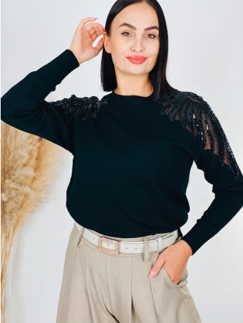 Dámsky čierny sveter s kamienkami na ramenách