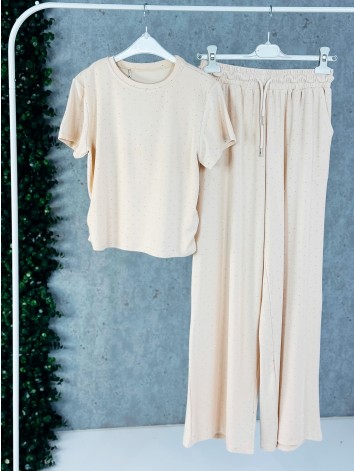 Béžový elastický dvojdielny komplet s kamienkami QUEEN