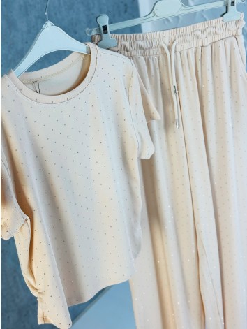 Béžový elastický dvojdielny komplet s kamienkami QUEEN