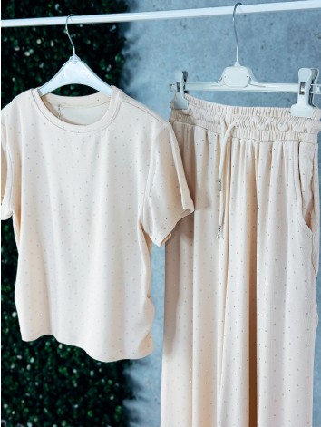 Béžový elastický dvojdielny komplet s kamienkami QUEEN