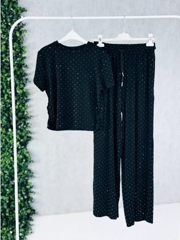 Čierny elastický dvojdielny komplet s kamienkami QUEEN