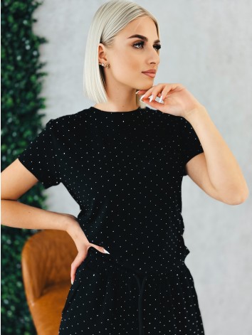 Čierny elastický dvojdielny komplet s kamienkami QUEEN