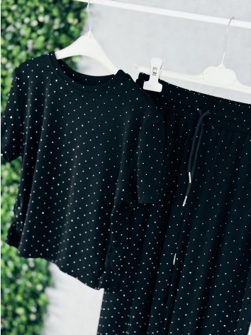 Čierny elastický dvojdielny komplet s kamienkami QUEEN