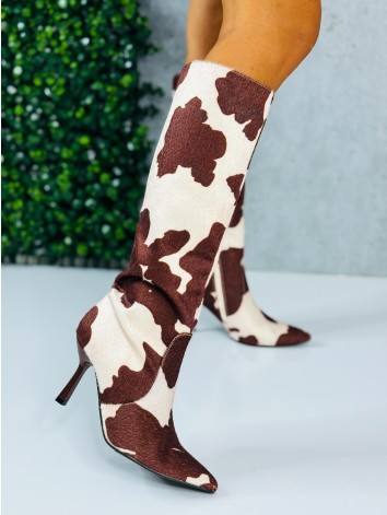 Čižmy so zvieracou potlačou COW - dámske hnedé