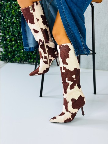 Čižmy so zvieracou potlačou COW - dámske hnedé