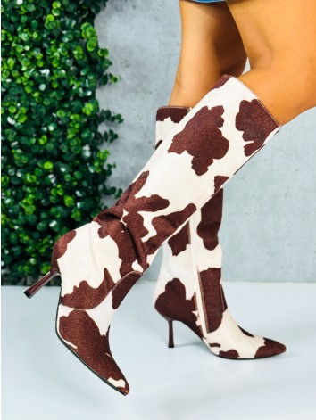 Čižmy so zvieracou potlačou COW - dámske hnedé