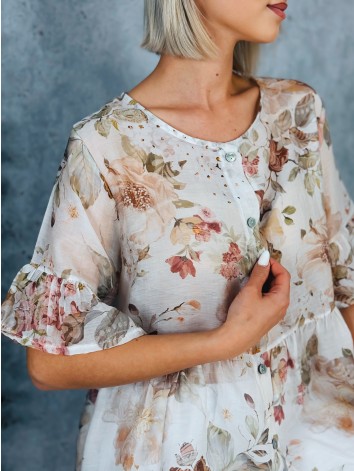 Dámska béžová kvetovaná blúzka s gombíkmi a krátkym rukávom