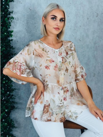 Dámska béžová kvetovaná blúzka s gombíkmi a krátkym rukávom
