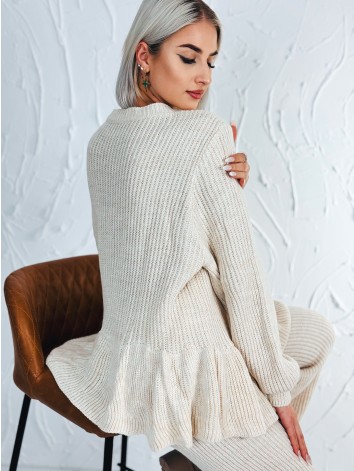 Dámska béžová pletená súprava nohavice + svetrík s viazaním