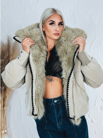 Dámska béžová prešívaná zimna bunda s kožušinou