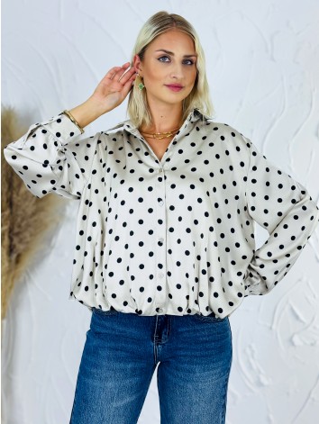Dámska béžová saténová blúzka s čiernymi bodkami | Elegantná košeľa s golierom