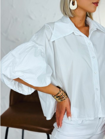Dámska biela krátka košeľa s balónovými rukávmi