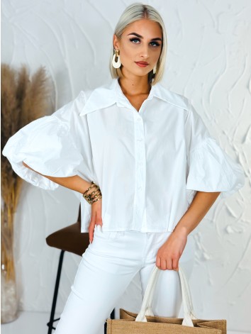 Dámska biela krátka košeľa s balónovými rukávmi