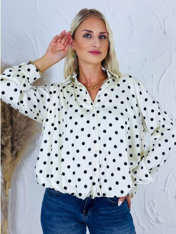 Dámska biela saténová blúzka s čiernymi bodkami | Elegantná ivory košeľa s golierom