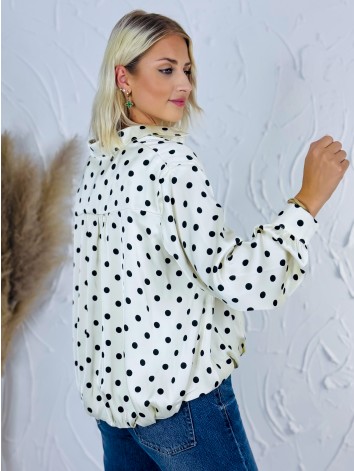 Dámska biela saténová blúzka s čiernymi bodkami | Elegantná ivory košeľa s golierom