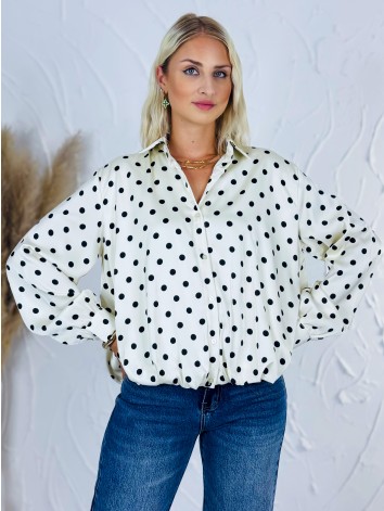 Dámska biela saténová blúzka s čiernymi bodkami | Elegantná ivory košeľa s golierom