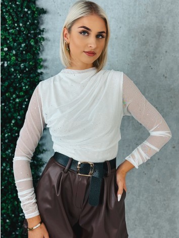 Dámska biela trblietavá blúzka s priesvitnými rukávmi