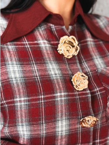 Dámska bordová flanelová košeľa s ozdobnými zlatými gombíkmi