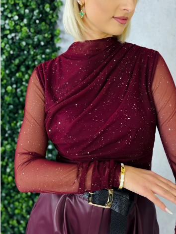 Dámska bordová trblietavá blúzka s priesvitnými rukávmi