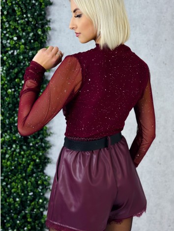 Dámska bordová trblietavá blúzka s priesvitnými rukávmi