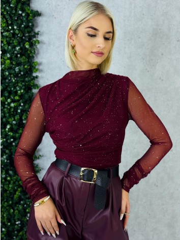 Dámska bordová trblietavá blúzka s priesvitnými rukávmi