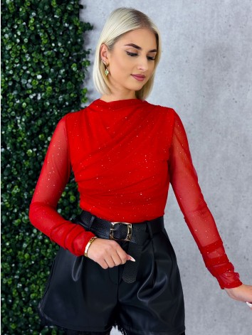 Dámska červená trblietavá blúzka s priesvitnými rukávmi